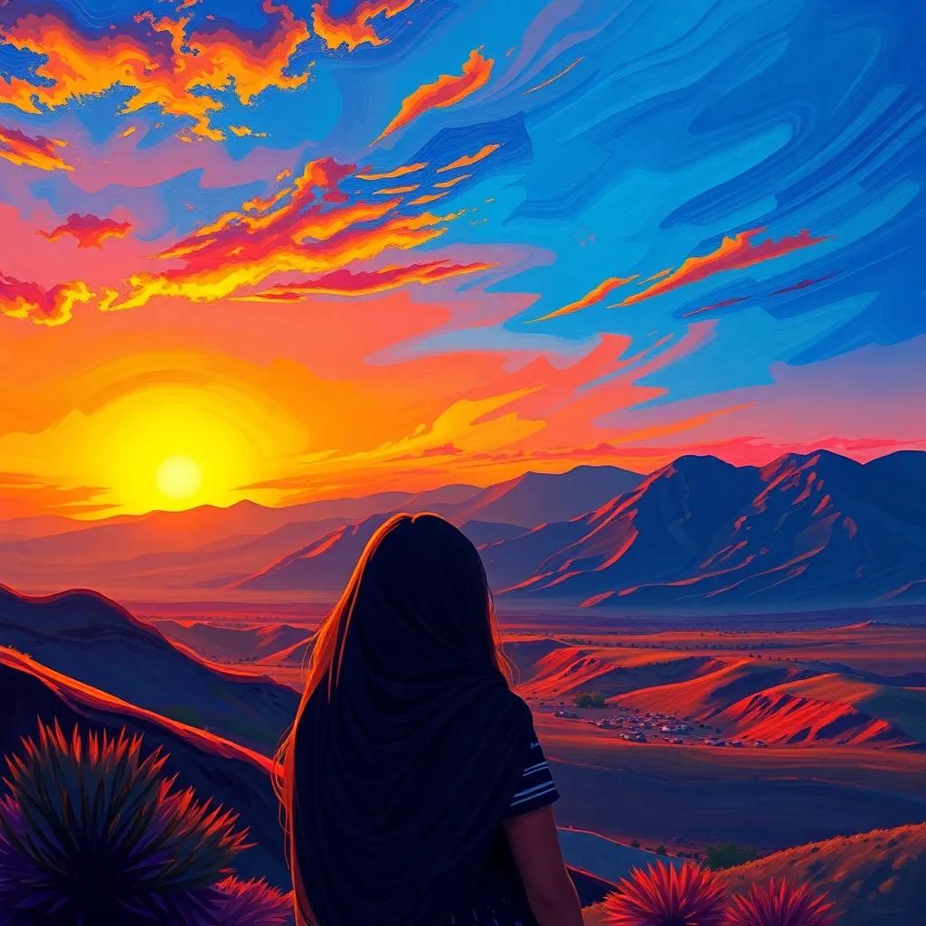 A beautiful sunset over Al-Hamra mountains, symbolizing hope and future achievements, Sara's silhouette in the foreground, looking towards the horizon, inspirational scene, digital artwork, vibrant colors