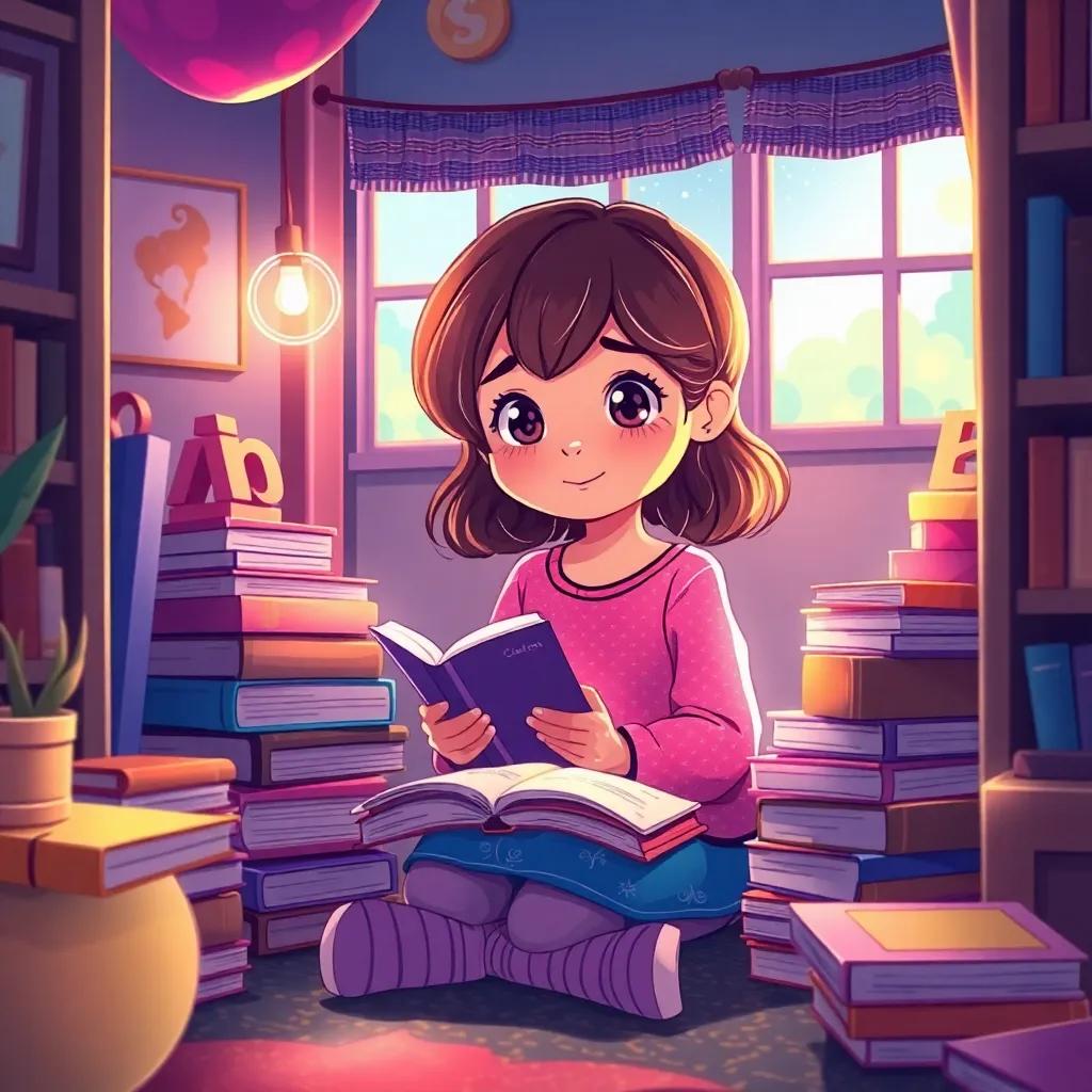 Sara, a curious young girl, sitting in a cozy reading corner with a stack of books around her, her eyes sparkling with passion for learning, colorful decor, peaceful atmosphere, illustration, child-friendly