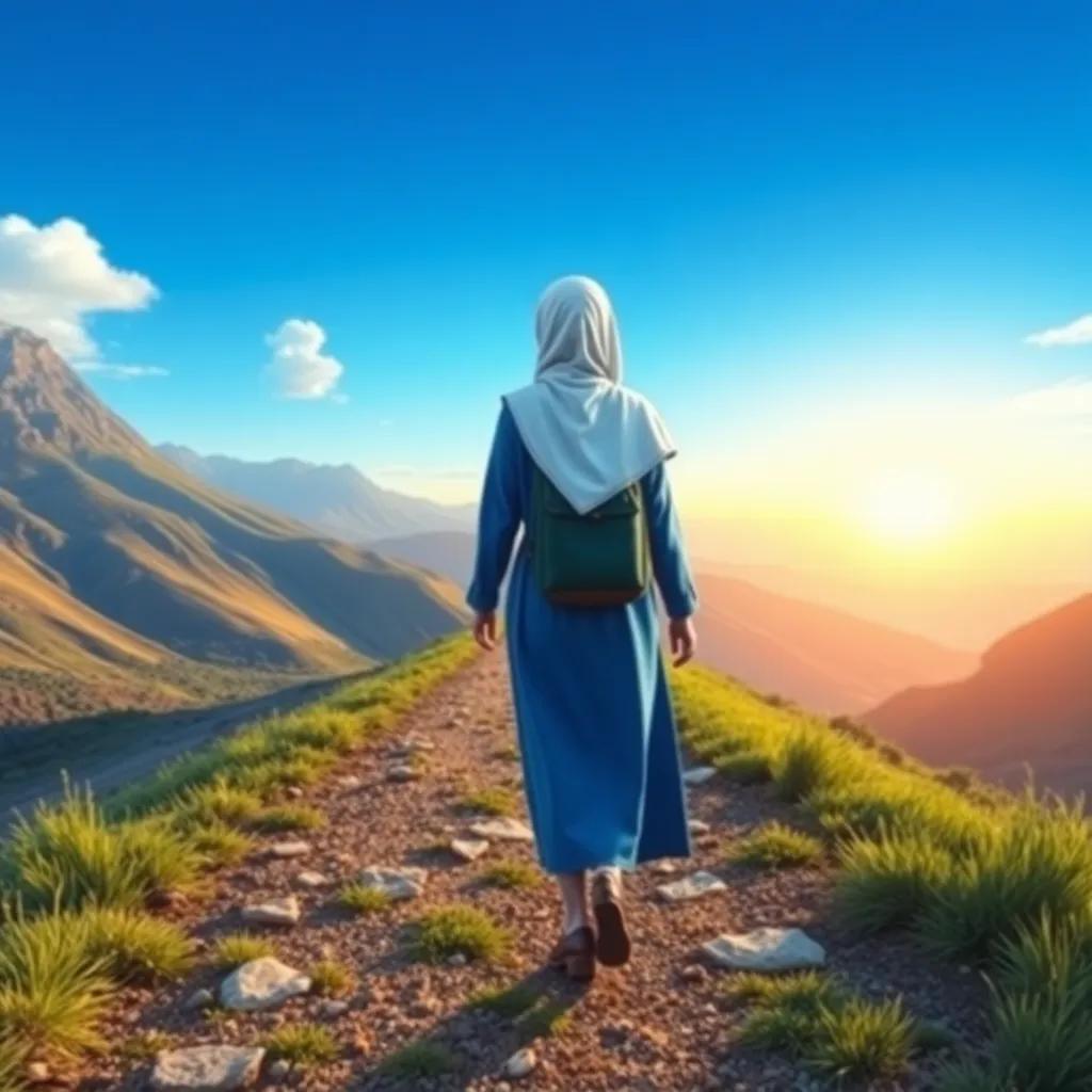 An inspiring view of Sara, walking on a long mountainous path towards school, wearing her blue uniform and white hijab, surrounded by beautiful nature, clear skies, vibrant colors, hopeful scene, high quality