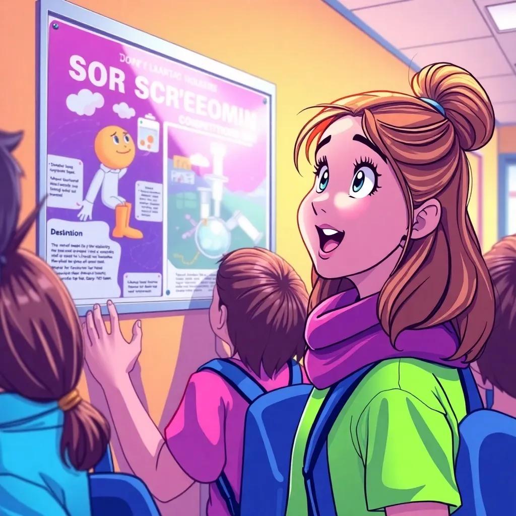 Sara excitedly looking at a poster of the science competition on the school wall, surrounded by classmates, her face beaming with determination and ambition, bright colors, engaging scene, child-friendly art