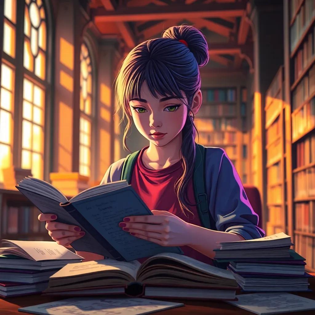 A determined young girl, Sara, reading various books with notes scattered around her, in a library setting, vibrant colors, warm light streaming through the windows, focused atmosphere, detailed digital art