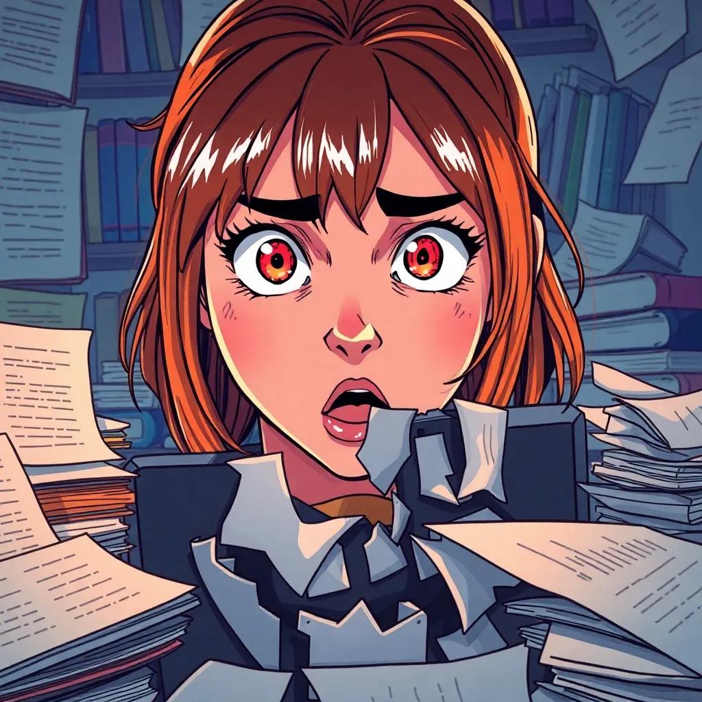 A startled Sara, looking shocked at her broken computer, surrounded by papers and books, with a determination in her eyes to start over, intense emotions, colorful details, high-quality illustration