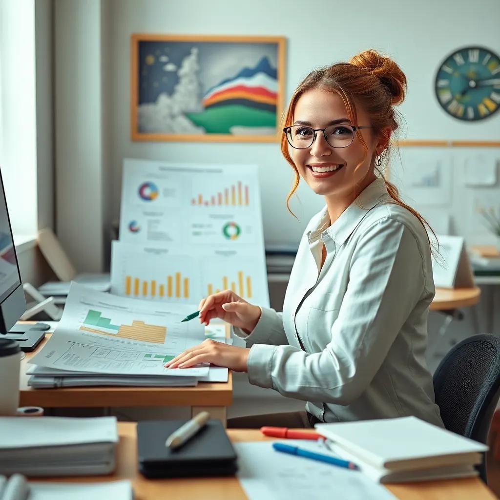 Sara, confidently piecing together her research on environmental preservation with charts and graphs, at a desk full of notes, bright, engaging environment, focused expression, high quality