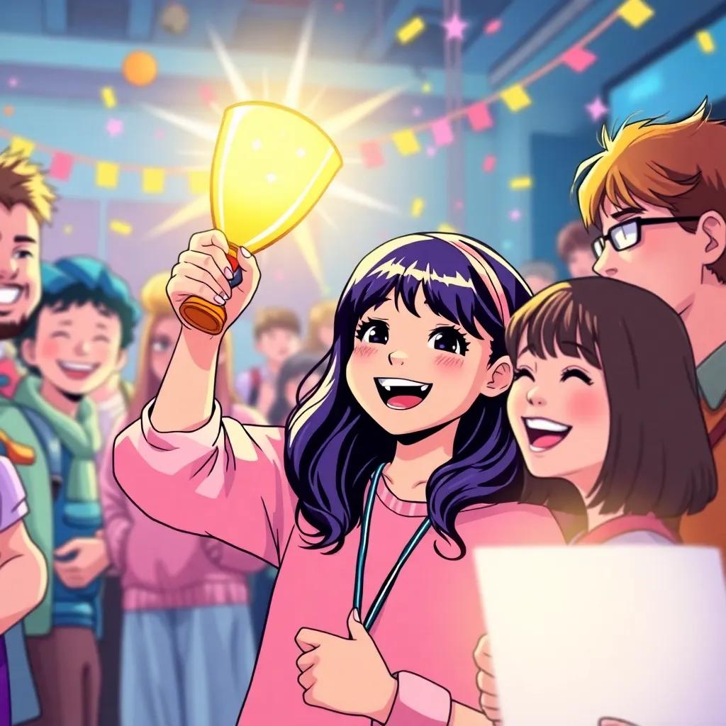 Sara celebrating her victory with classmates and teachers in a festive award ceremony, her trophy shining brightly, cheerful expressions, joyful ambiance, vibrant colors, high-quality art