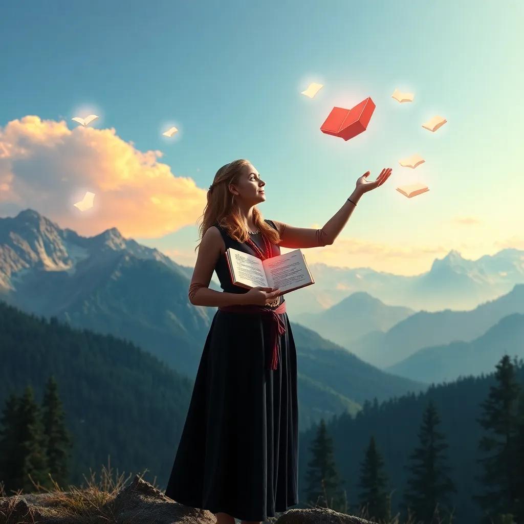 Sara standing in front of a beautiful mountainous landscape, inspiring others to pursue knowledge, with symbolic books floating around her, magical atmosphere, uplifting, high quality