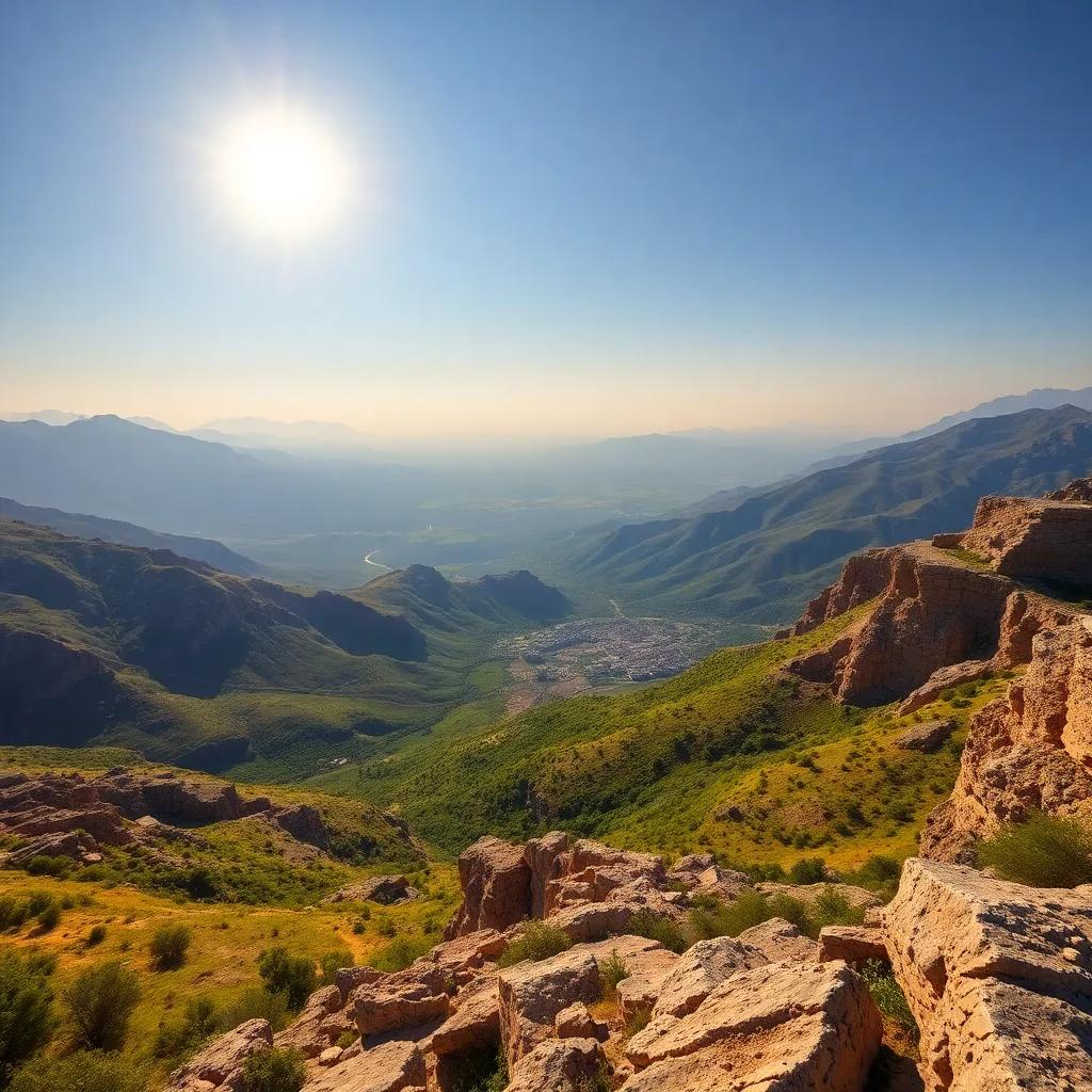 A scenic view of Al-Hamra, showcasing the mountains surrounding the area with vast green valleys, bright sunshine beaming down, picturesque landscape, detailed, colorful