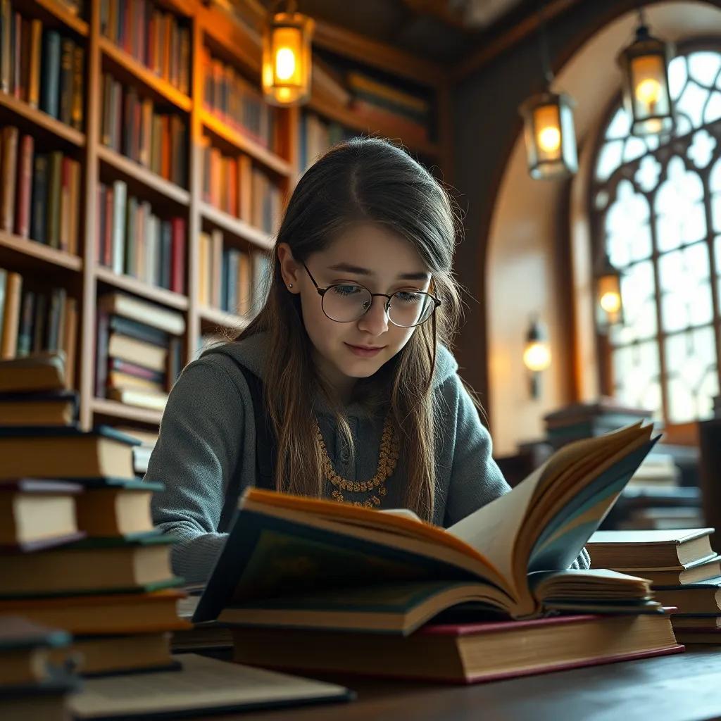 Sarah diligently studying in a library, surrounded by piles of books, her focused eyes sparkling with curiosity, warm lanterns lighting up the room, inviting setting, highly detailed, engaging
