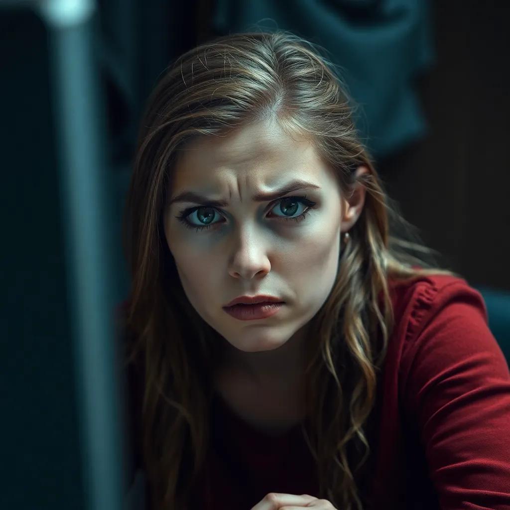 Sarah facing a broken computer, looking determined with her brows furrowed, a mix of frustration and motivation on her face, dimly lit room, emotionally compelling scene, high quality