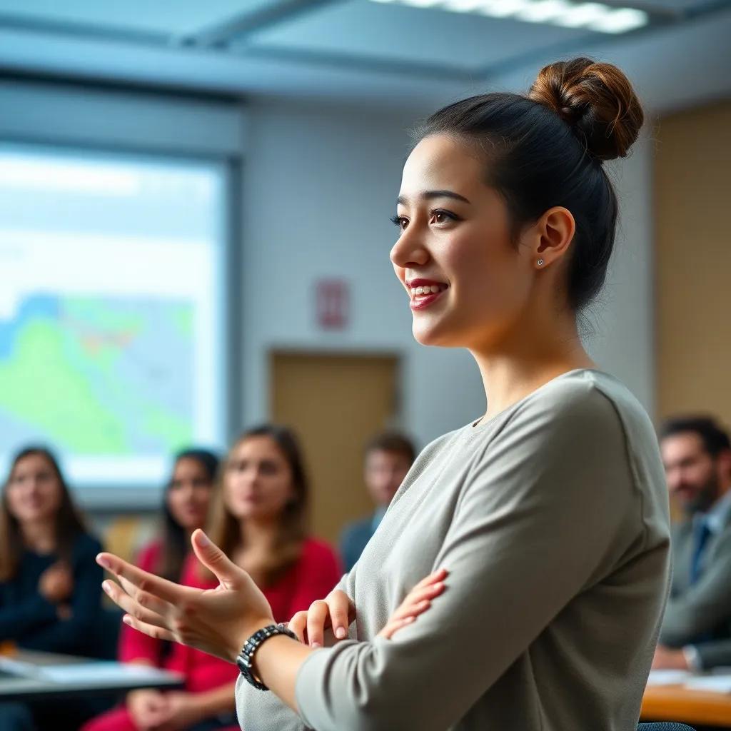 Young Sarah presenting her research in front of a jury, her expression full of confidence and excitement, the audience listening intently, bright presentation setting, professional, vibrant
