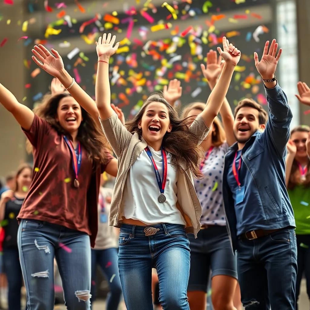 Sarah celebrating with her friends after winning the competition, jumping with joy, colorful confetti in the air, smiling faces, cheerful celebration, high quality