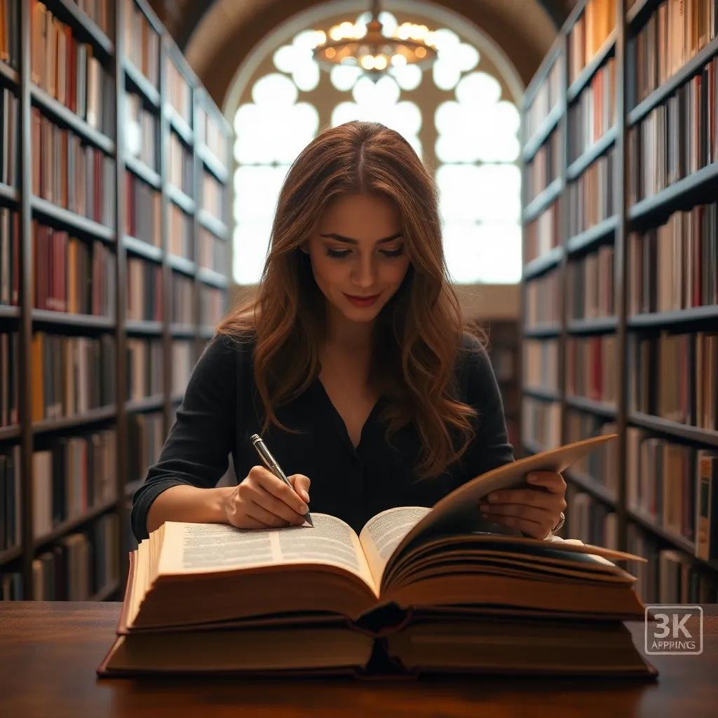 Sarah in the library again, this time with a large book open in front of her, writing notes passionately, warm lighting, inspirational atmosphere, high quality