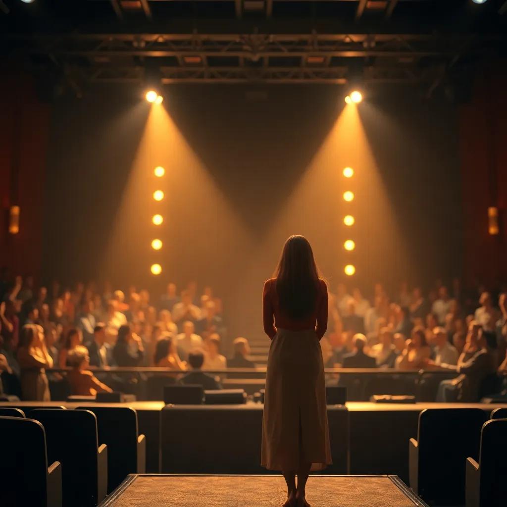 An empty stage where Sarah stood before her audience, showing the pride of having achieved success, soft spotlight on her, golden hues creating a warm feel, elegant focus, high quality