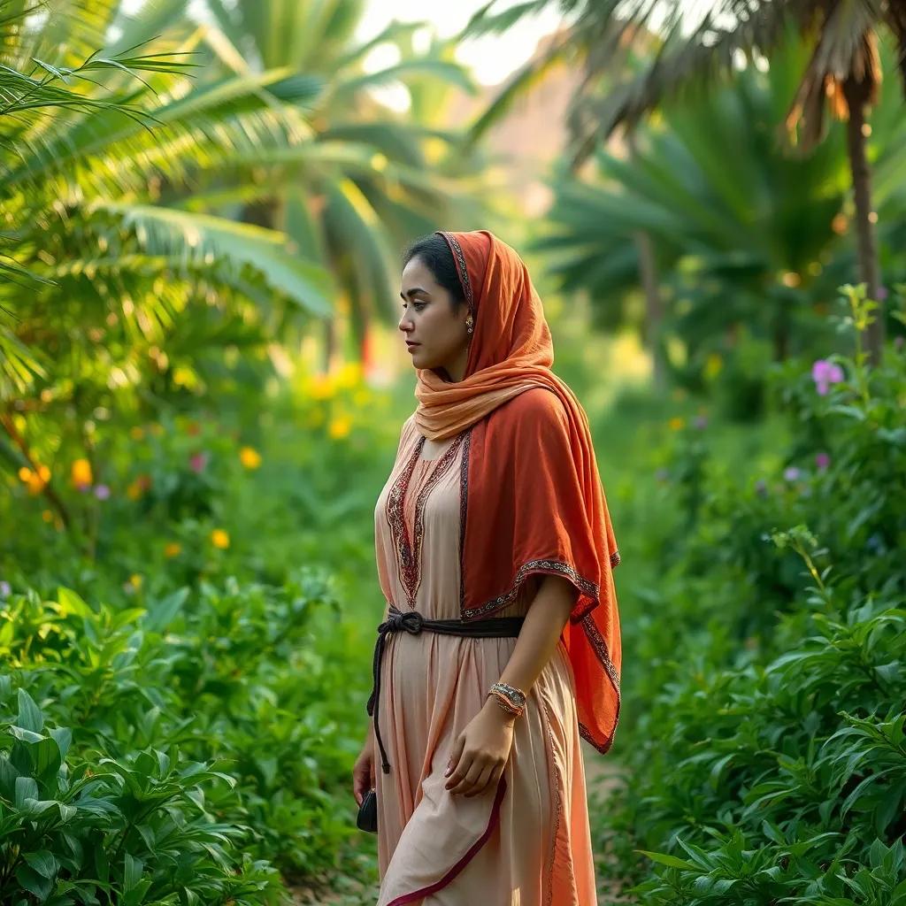 A thoughtful Sarah walking through the lush nature of Al-Hamra reflecting on her lessons learned, nature around her vibrant and alive, peaceful setting, highly detailed