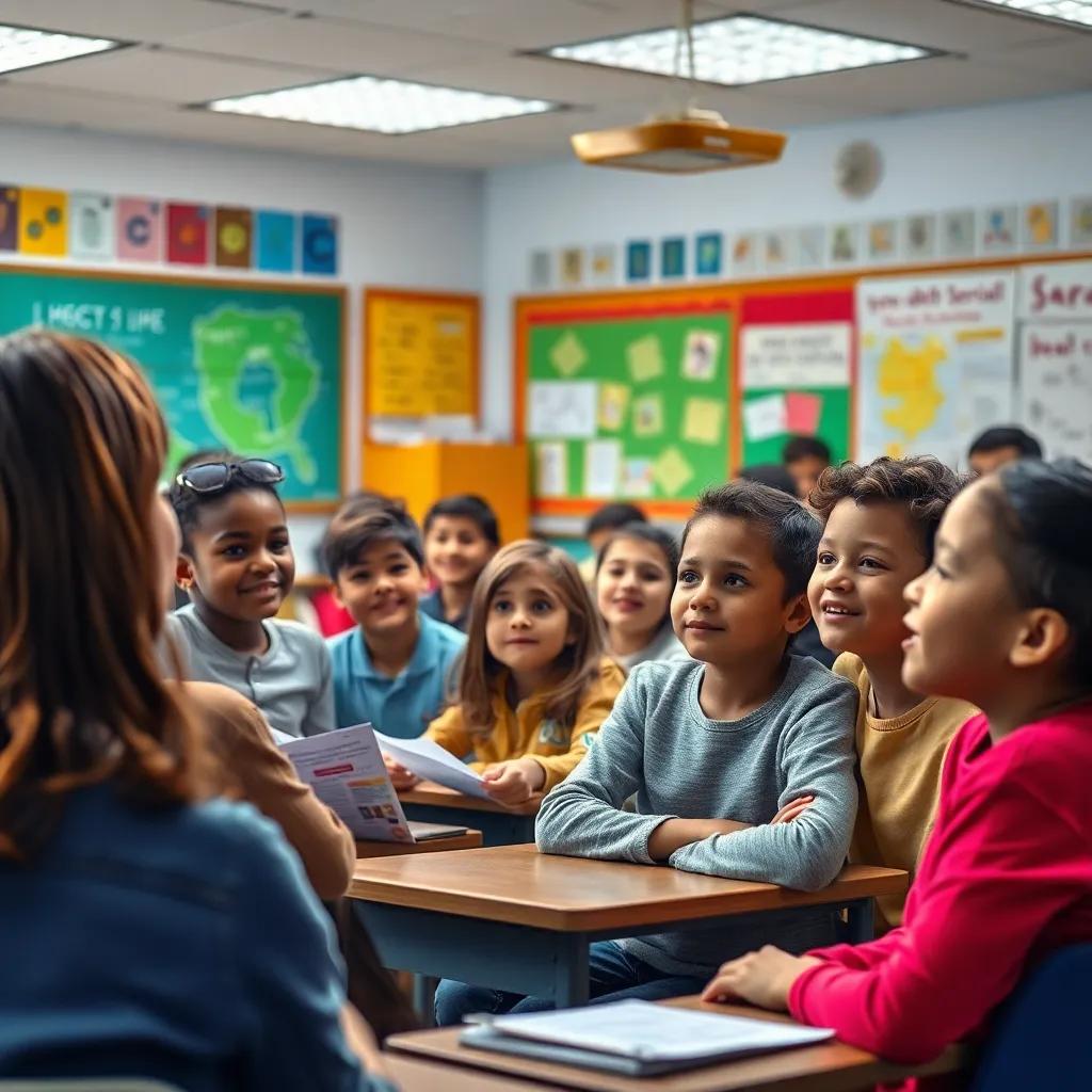 Students inspired by Sarah's story listening eagerly to a teacher, the atmosphere filled with hope and enthusiasm, colorful classroom scene, high quality