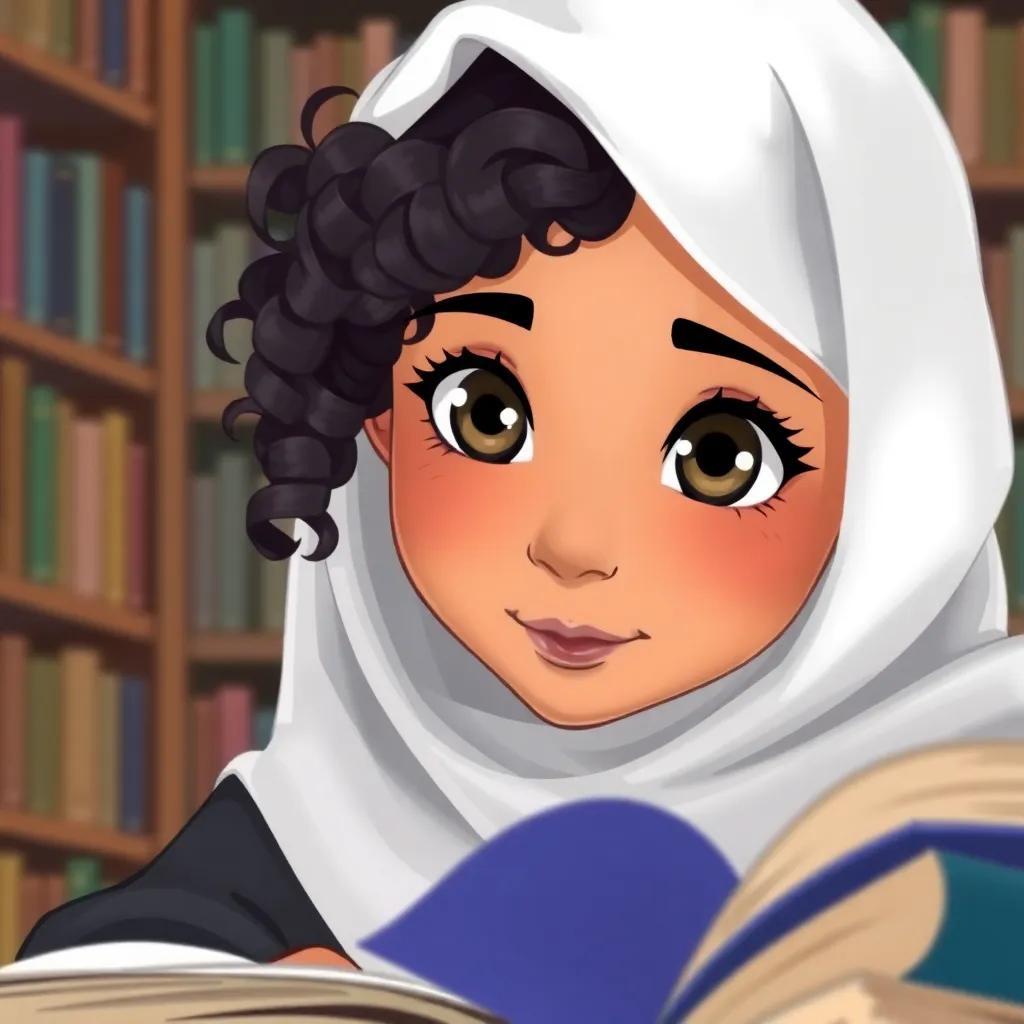 A close-up of Sarah, the young Arab girl with curly black hair under a white hijab, with bright eyes filled with passion for knowledge, studying in the library surrounded by books, illustration, vibrant detail, focused expression, inviting atmosphere