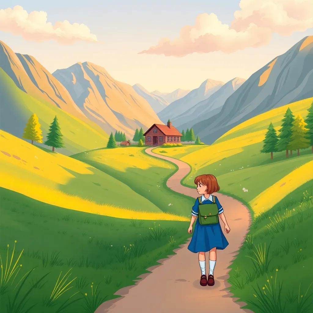 A scenic view of a winding path leading to a school nestled in the mountains, with Sarah walking determinedly in her blue uniform, illustration, cheerful, warm light, expansive perspective, high quality