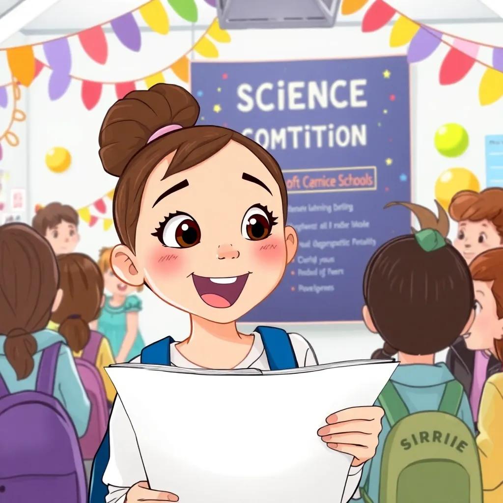 Sarah excitedly looking at a poster for a science competition, surrounded by colorful decorations and classmates, illustration, lively scene, bright colors, optimistic light, high quality
