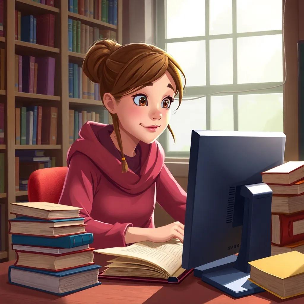 Sarah researching in a library, with her computer open and books scattered around, a determined expression on her face, digital painting, engaging, soft light, inviting colors, high quality