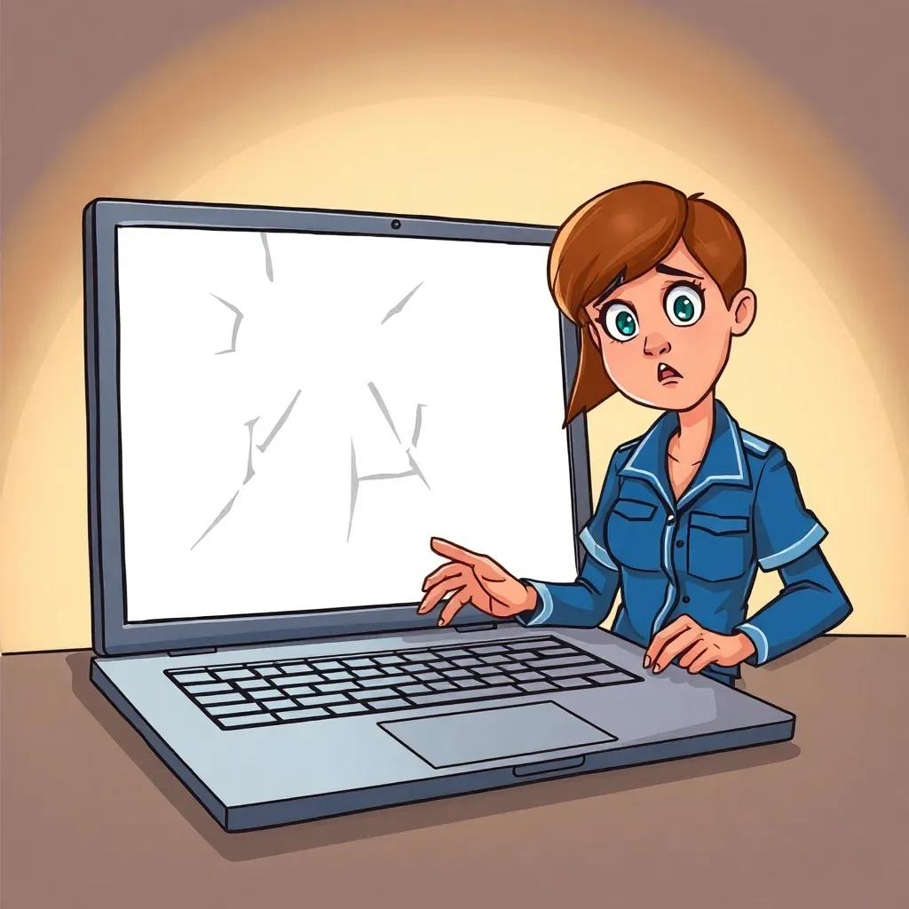 A picture of a laptop with a broken screen, with Sarah looking shocked, but determined, in her blue uniform, illustration, dramatic lighting, detailed expression, high quality