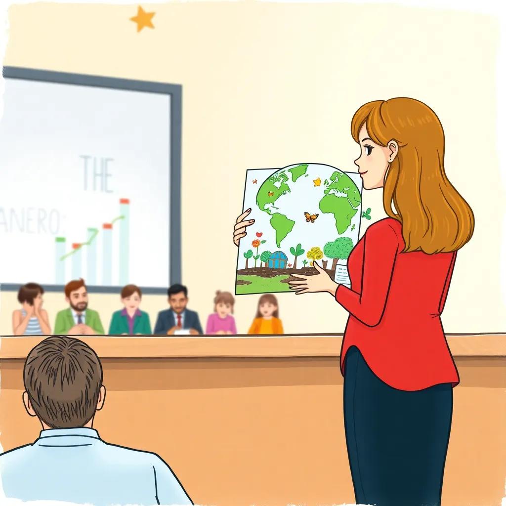 Sarah standing in front of judges, presenting her colorful poster about the environment, showcasing plants and clean earth, illustration, educational, bright colors, inspiring atmosphere, high quality