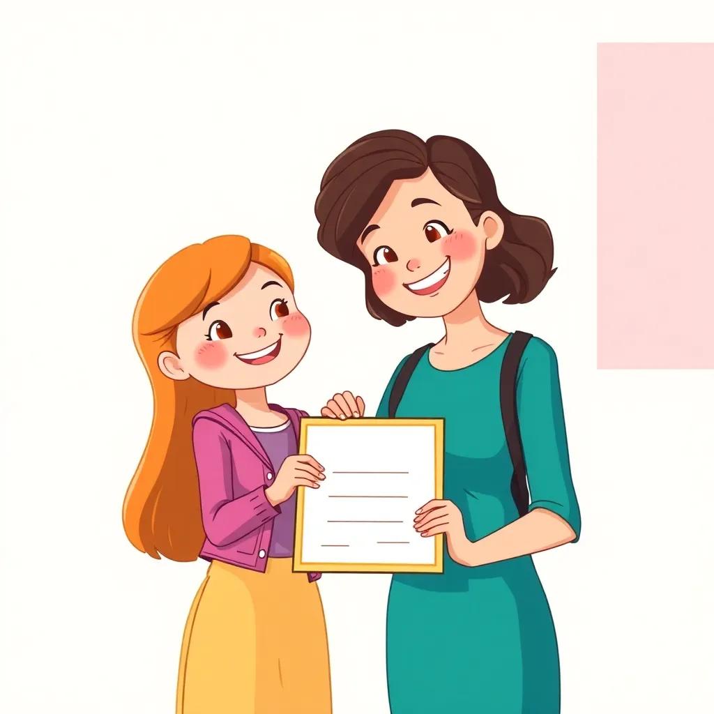 Sarah receiving an award from a teacher with proud smiles on their faces, celebration atmosphere, bright cheerful colors, digital art, uplifting