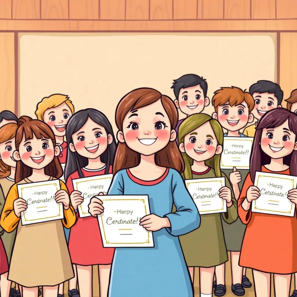 Sarah with her classmates at the celebration, all smiling and celebrating her achievement while holding their certificates, illustration, joyful atmosphere, warm colors, high quality