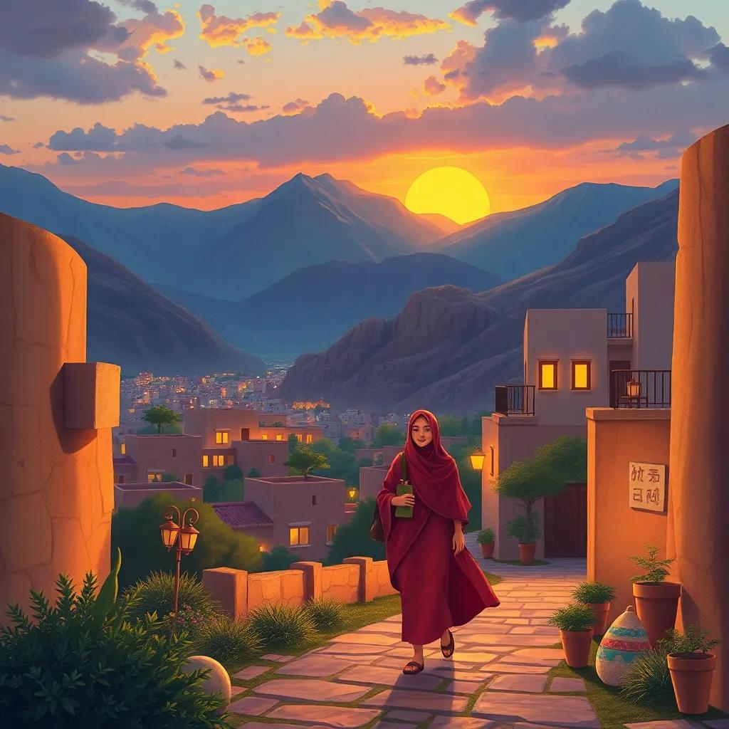 A picturesque view of Al Hamra with Sarah walking home happily after receiving her award, the sunset illuminating the mountains, digital painting, warm glow, elegant detail, high quality