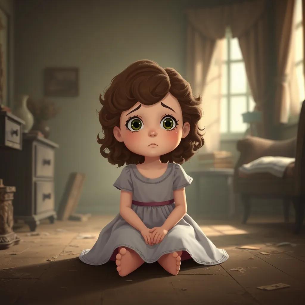 Sally, a little girl with curly brown hair in a beautiful dress, sitting on the floor with tears in her eyes, surrounded by dusty old furniture in a gloomy room, a sad atmosphere, softly lit, illustration, emotional scene, child-friendly