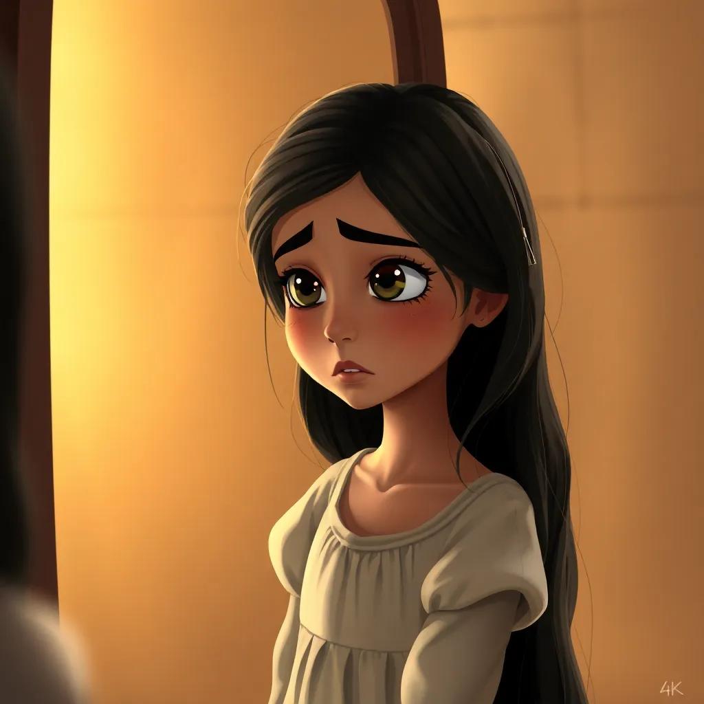 A young Arab girl, Samia, with long, dark hair, looking sorrowfully in a mirror, wearing a simple dress, an expression of pain on her face, digital art, emotional scene, warm lighting, thoughtful perspective, high quality