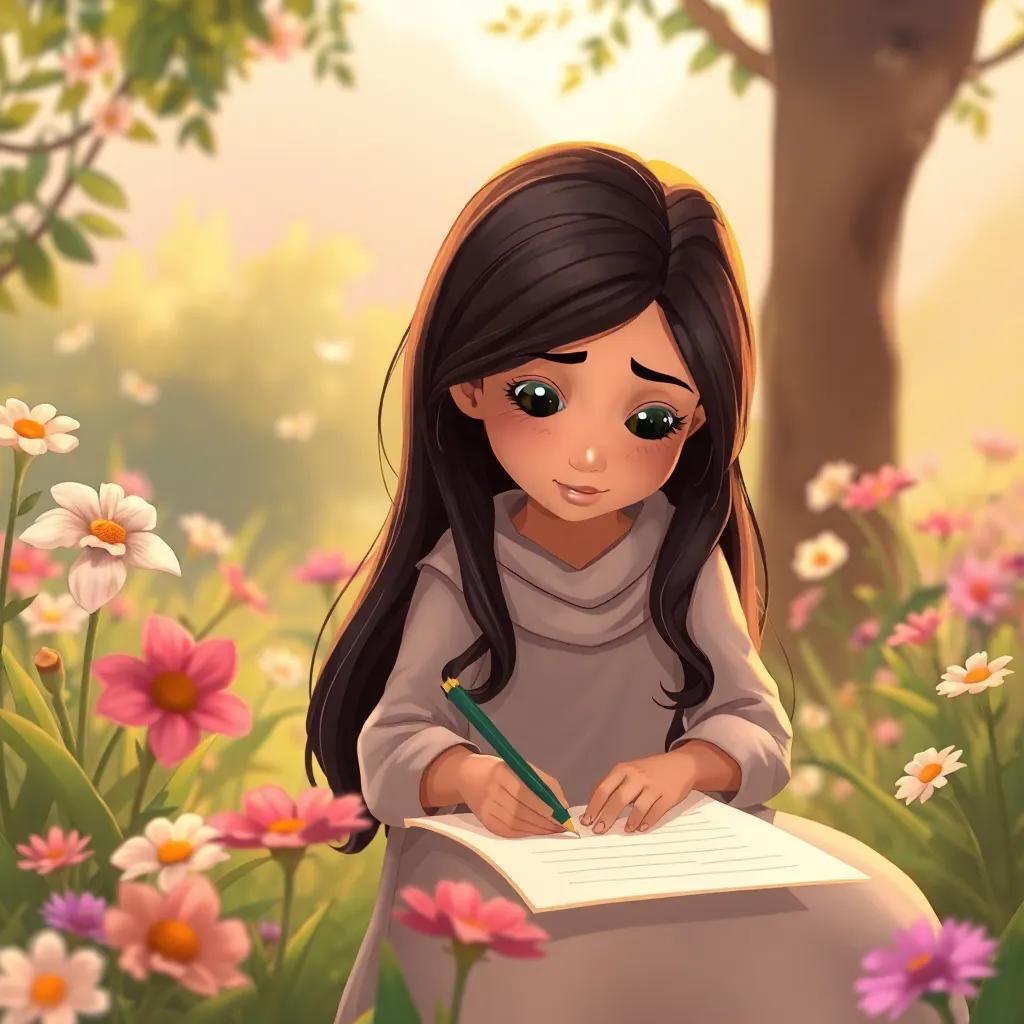 Samia, a young Arab girl with long, dark hair, sitting in a peaceful garden, writing on a piece of paper with a determined expression, surrounded by flowers, illustration, hopeful atmosphere, warm colors, uplifting imagery