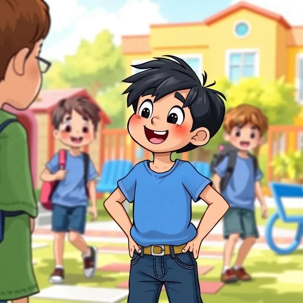 A curious boy, Sami, with dark hair wearing a blue t-shirt and jeans, excitedly talking with his friends in a schoolyard, colorful playground background, bright sunny day, joyful atmosphere, child-friendly illustration, vibrant colors, high quality