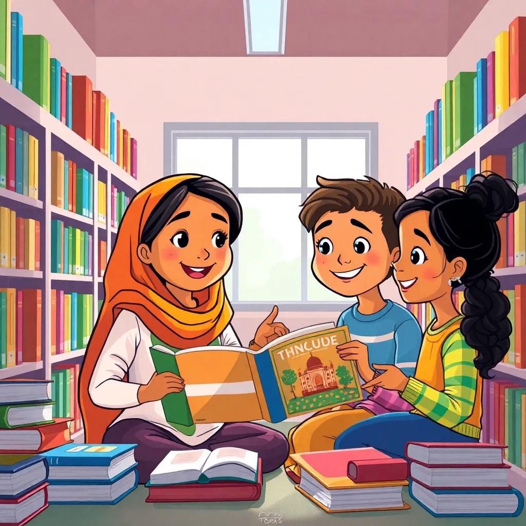 Sami and friends in a school library, surrounded by books about different cultures, Sami pointing at a book about India, bright and cheerful light coming through the windows, illustration, colorful, engaging scene, high quality