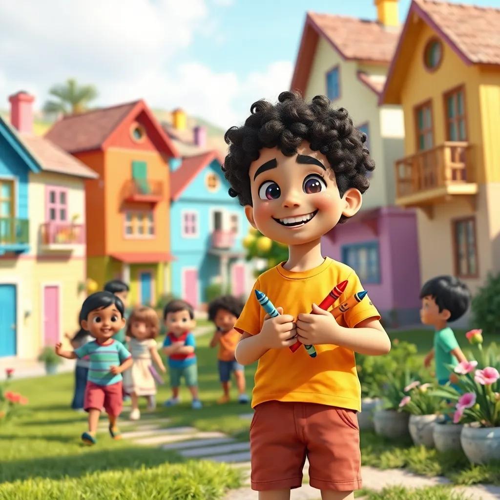 A cheerful village with colorful houses, children playing happily together, young Arab boy Sami with curly hair, wearing a bright t-shirt and shorts, smiling and holding crayons, sunny day, vibrant colors, joyful atmosphere, children's perspective, high quality digital art