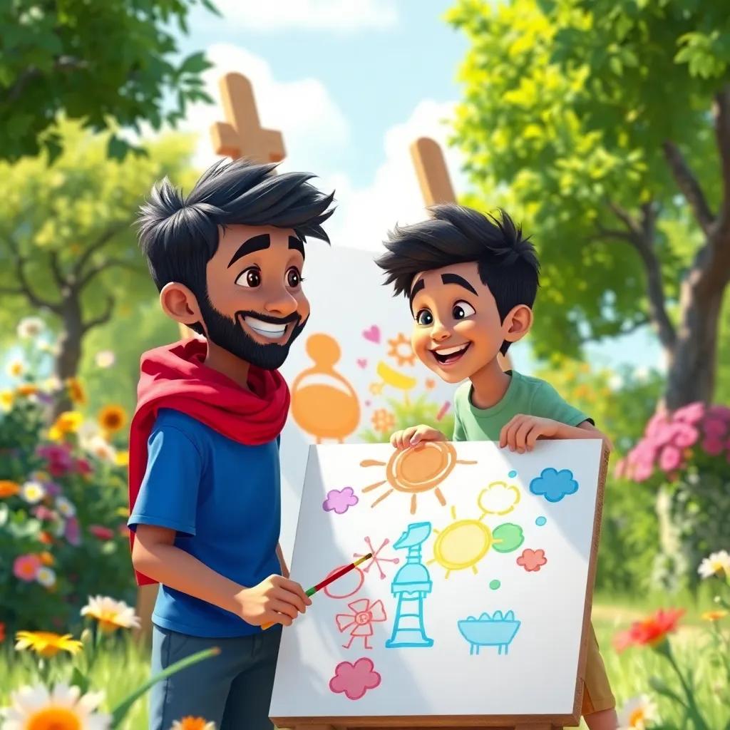 A lively scene with Sami and his friend Amin painting colorful drawings on a big canvas outdoors, surrounded by flowers and trees, children laughing and enjoying, sunny weather, bright colors, cheerful mood, high quality digital art