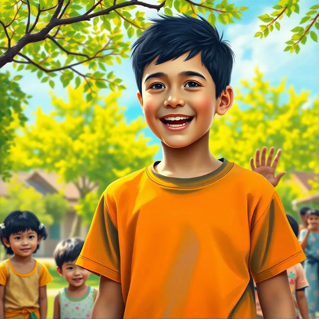 A young boy, Sami, with short black hair wearing a bright t-shirt, enthusiastically speaking to friends in a sunny village surrounded by green trees, cheerful atmosphere, vivid colors, joyful moment