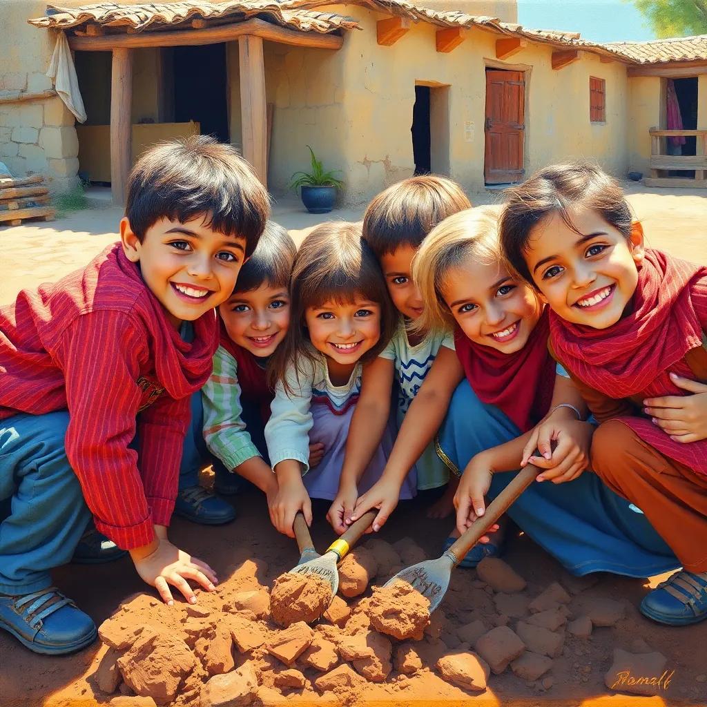 A group of children, including Ali and Leila, digging in the ground together with big smiles on their faces, in a sunlit village square, dynamic teamwork, vibrant energy