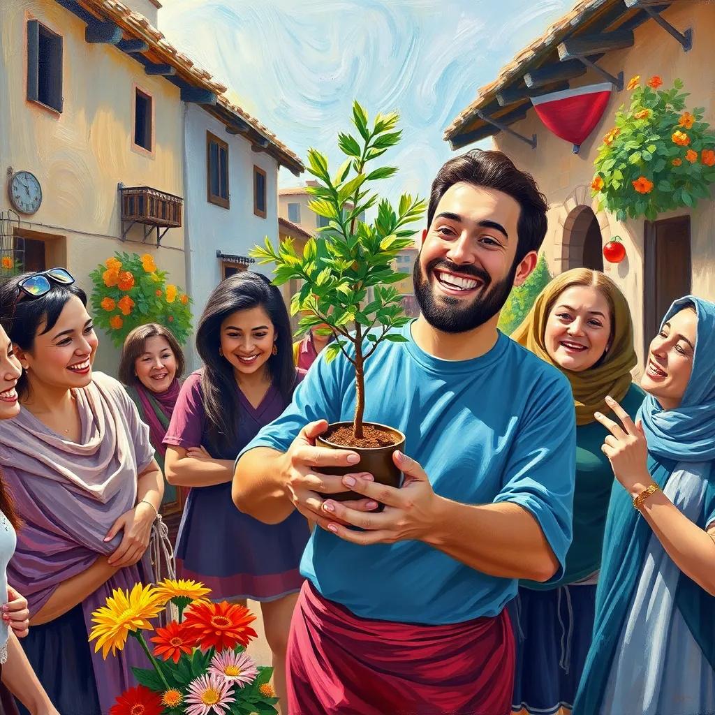 Sami proudly holding a small tree with a bright smile, surrounded by friends who are excitedly looking at it, in the village square with colorful flowers, joyful and hopeful ambiance, radiant colors