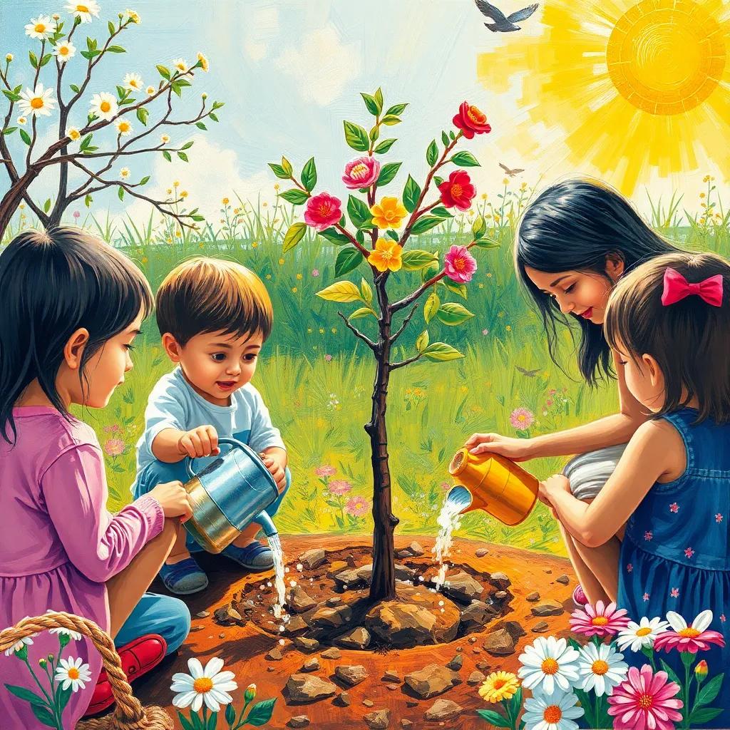 Children watering the newly planted tree, with Leila saying, 'Let's take care of it every day!', amidst a sunny backdrop and blooming flowers, collaborative spirit, warm colors