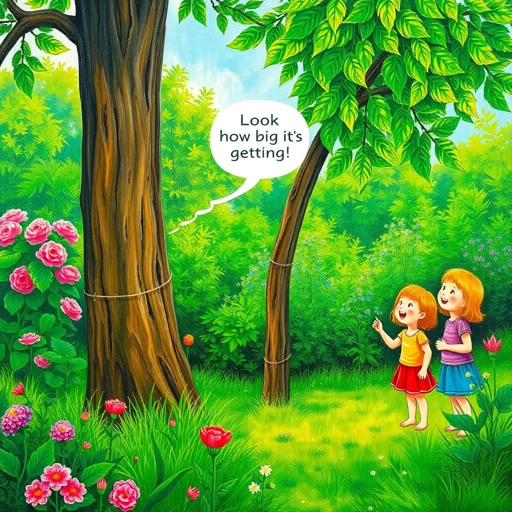 A garden scene showing the tree growing taller with children happily observing it, with Ali saying, 'Look how big it's getting!', in a lush green setting, cheerful vibes, bright colors