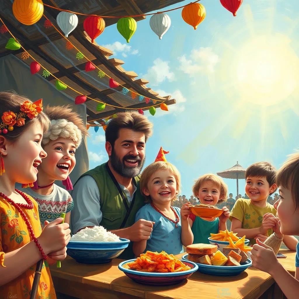 Children celebrating under the sun, with food and decorations, Sami happily saying, 'This is the best celebration!', surrounded by laughter and joy, festive atmosphere, colorful
