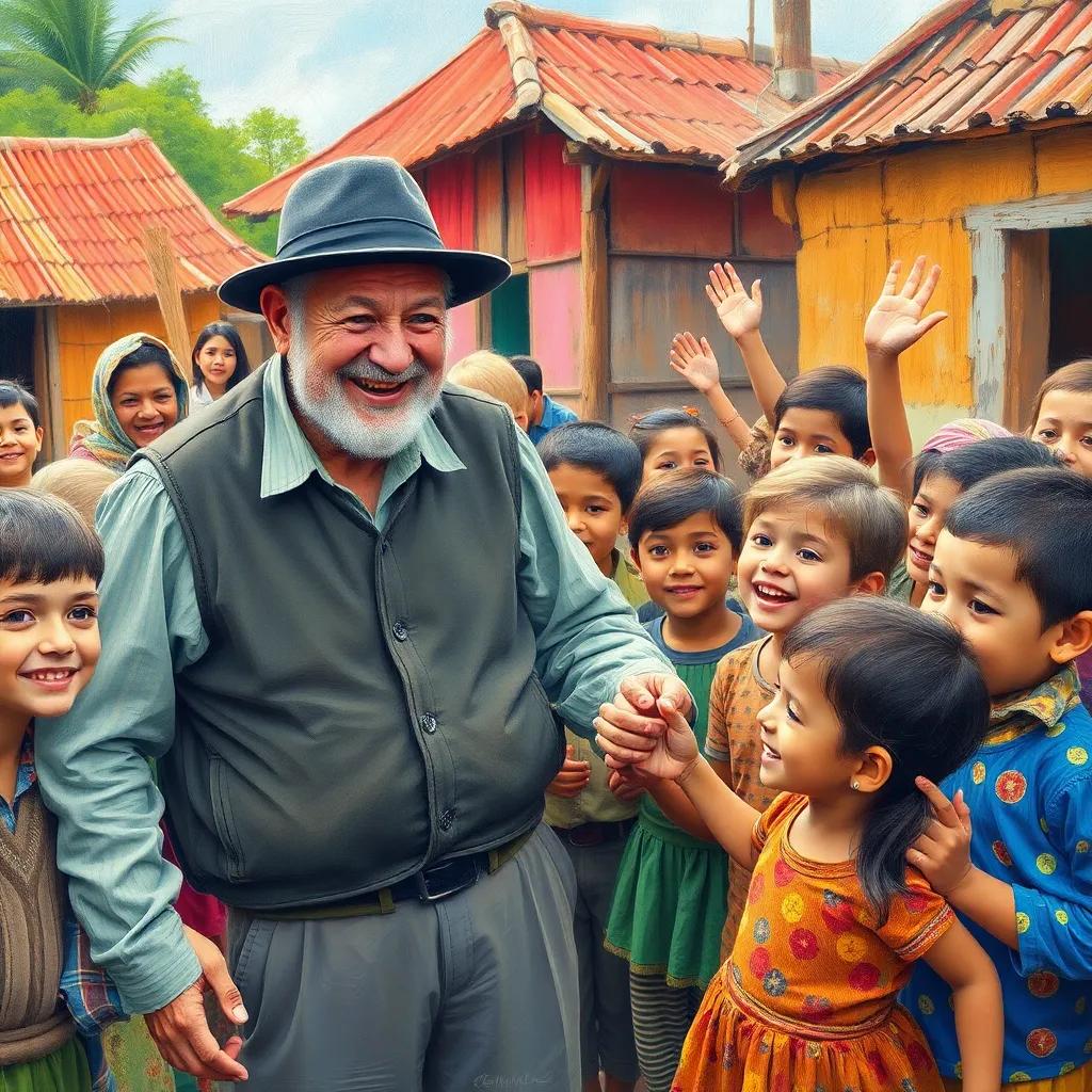 An old man joining the children in the celebration, with a warm smile, asking to join, and children excitedly welcoming him, in a vibrant village, friendly environment, warm colors