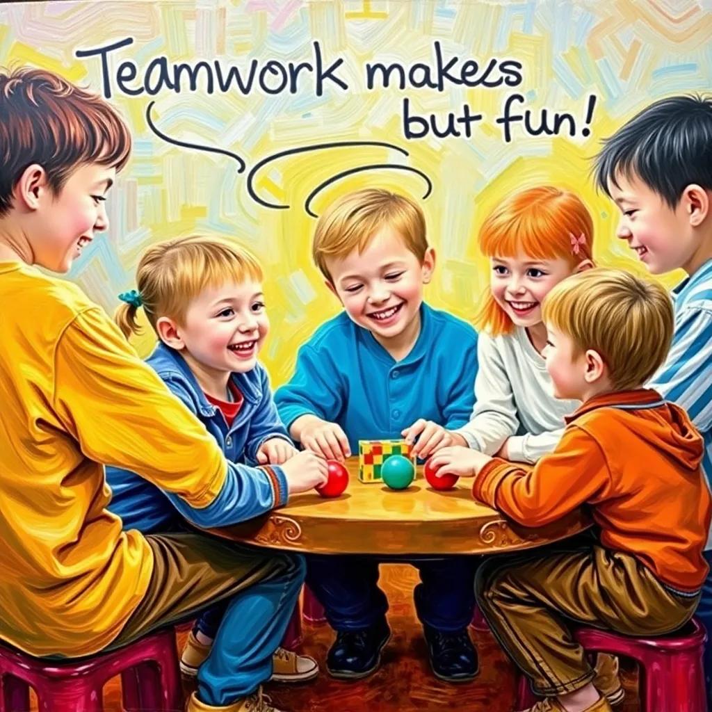 Children playing games and sharing ideas together, with Sami saying, 'Teamwork makes it more fun!', in a playful and lively scene, bright colors, energetic atmosphere