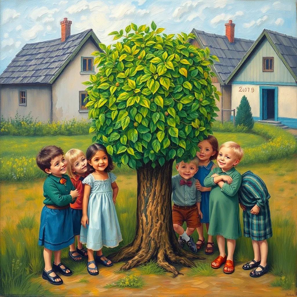 The children looking proudly at their tree, with smiles on their faces, saying, 'We succeeded because we collaborated!', in a beautiful village setting, heartwarming moment, soft colors