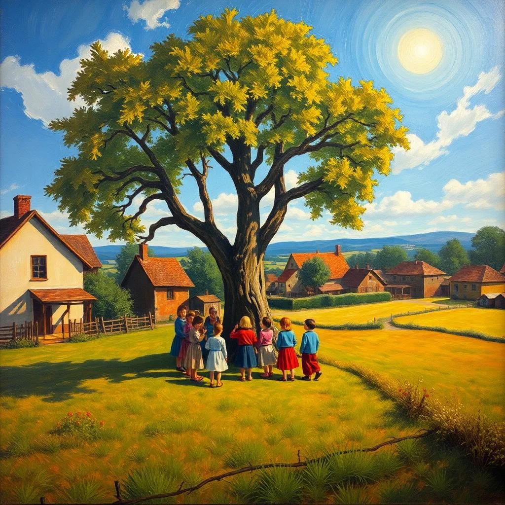 A wide view of the village with children gathering around the tree, symbolizing friendship and cooperation, under a bright sky, peaceful and warm atmosphere, inviting colors
