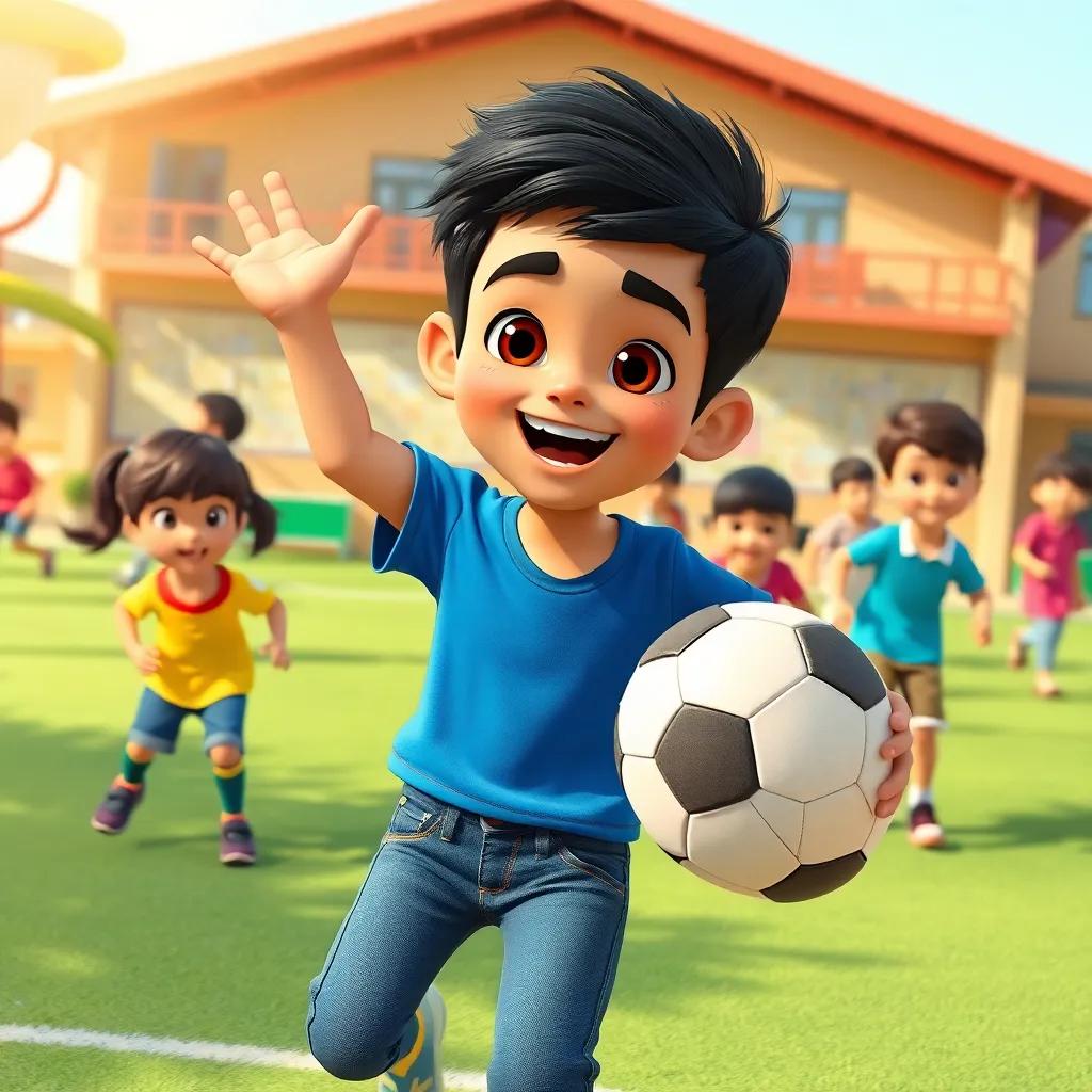 A school playground with children playing, a boy named Sami, a young Arab boy with short black hair wearing a blue t-shirt and jeans, excitedly holding a soccer ball, bright and cheerful atmosphere, digital art, colorful, fun scene, high quality