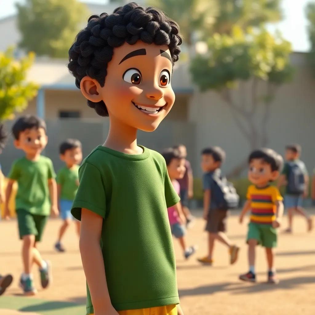 A young Arab boy named Ahmed, with curly dark hair wearing a green t-shirt and shorts, smiling and talking to Sami in the school playground, surrounded by other kids playing, sunny day, warm light, friendly, engaging scene, high quality