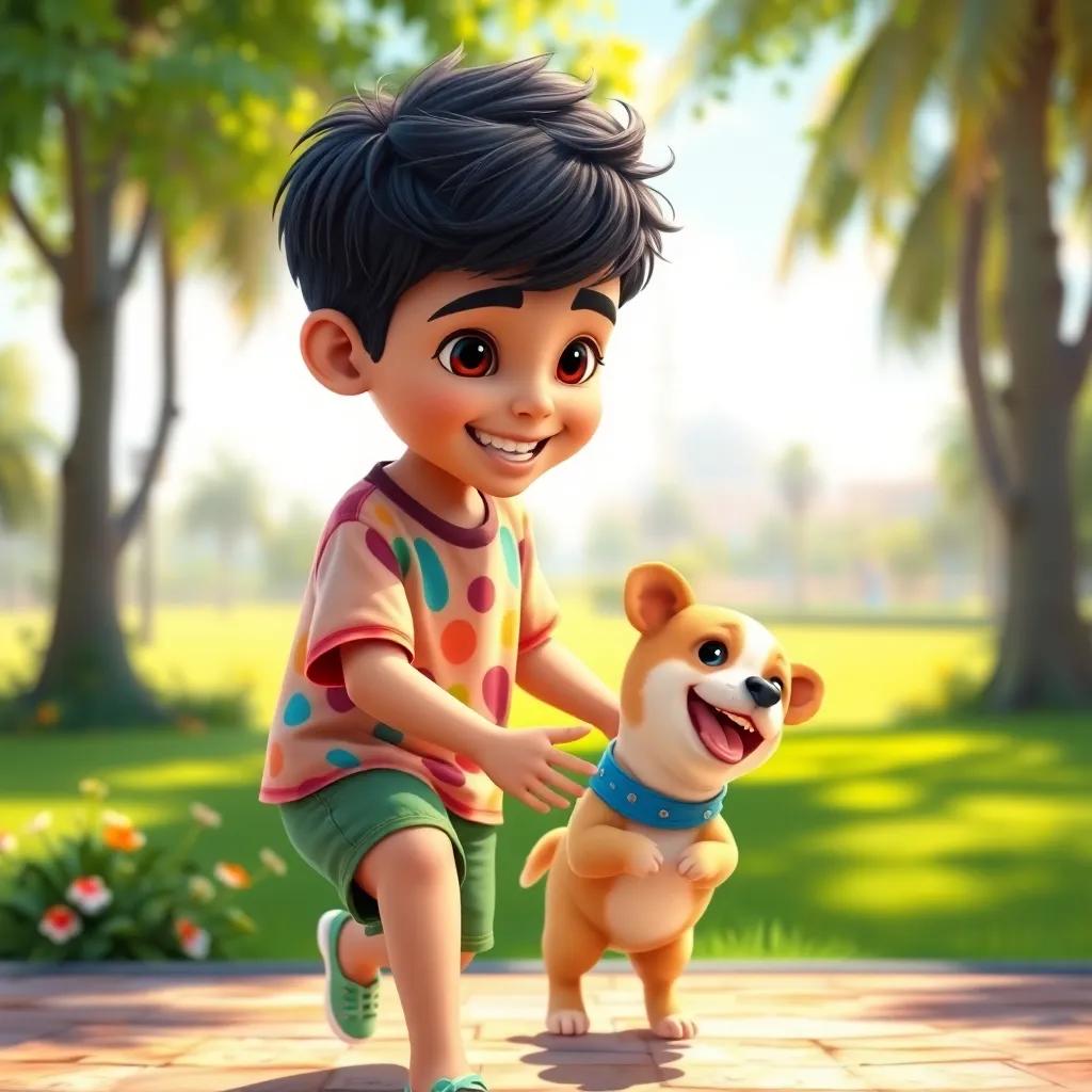 A young Arab boy, Sami, with short dark hair, wearing a colorful t-shirt and shorts, playing happily with his small dog in a sunny park, digital art, cheerful colors, bright atmosphere, engaging view, high quality