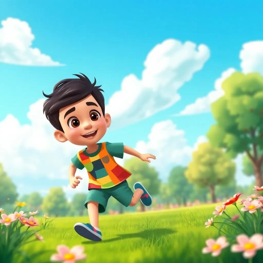 Sami, a young Arab boy, with short dark hair, wearing a colorful t-shirt and shorts, running joyfully in a beautiful park with blue sky and fluffy clouds, surrounded by green grass and flowers, vibrant illustration, child-friendly, lively scene