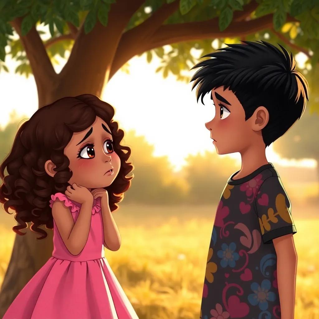 A girl crying under a tree, with curly hair and wearing a pink dress, while Sami, a young Arab boy with short dark hair in a colorful t-shirt, approaches her with concern in his eyes, digital art, warm sunlight, emotional atmosphere, heartfelt