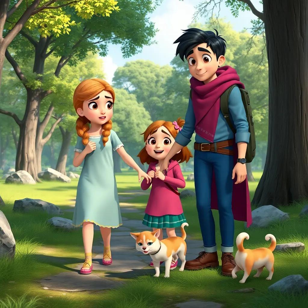 Sami holding hands with the girl, both looking determined while searching for the lost cat in a park with trees and rocks, with his small dog sniffing around, fun and energetic scene, bright colors, engaging composition
